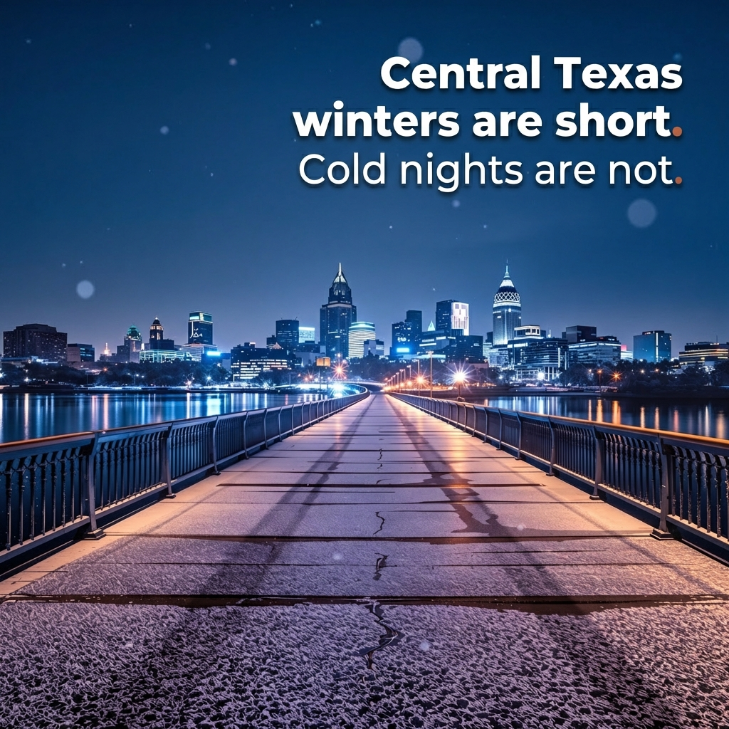 Austin, Texas downtown on a cold night with light snow. Furnace repair in Austin, TX.